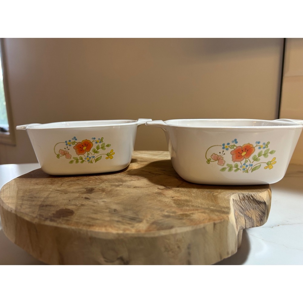 Corning Ware Apricot Grove P-41-B Petite Pan Set of 2 White Floral Casserole 5in